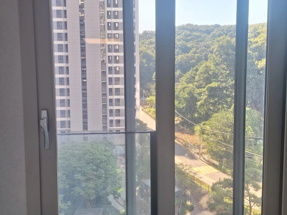 양천유리창청소 단지 전망 창 작업전 산이 보이는 창 전체 모습